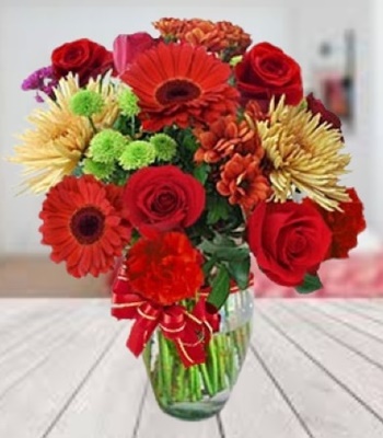 Mix Flower Bouquet - Bright Red Rose, Carnation and Daisy Arrangement