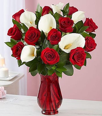 Rose and Calla Lily Arrangement with Vase - A Perfect Anniversary Arrangement