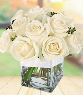 White Rose Bouquet - 12 White Roses in Vase