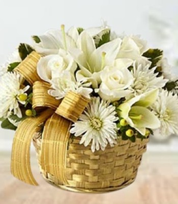 Mix Flower Bouquet - Roses Chrysanthemums and Lilies in Gold Basket and Bow
