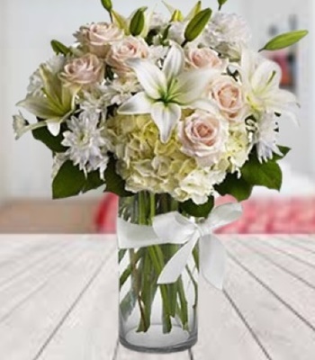 Pastel Color Flowers - Rose, Lily and Hydrangea Arrangement with Vase