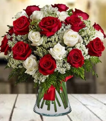 Shes Perfect - 18 Deep Red and Pure White Roses with Vase