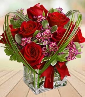 Red Rose Bouquet with Wax Flowers & Heart Shaped Halo