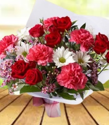 A Perfect Gift - Roses Carnations Daisy Poms Waxflower and Salal