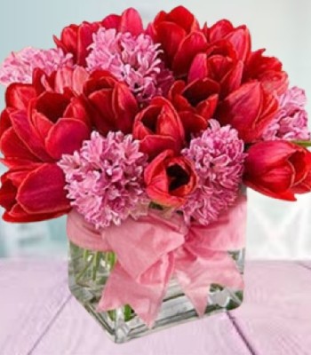 Tulip Flower and Pink Hyacinths in Chic Glass Cube