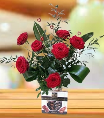 Rose Flower Bouquet - 6 Long Stem Red Roses With Free Chocolates