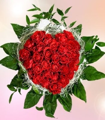 Hear Shaped Red Rose Bouquet With Rich Green Foliage