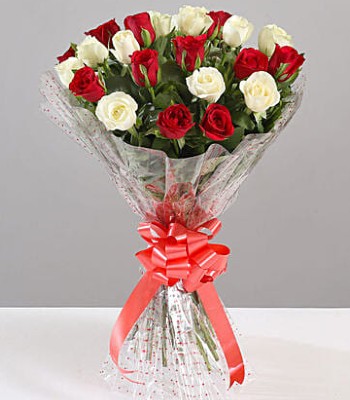 Rose Flower Bouquet - 18 Red & White Roses in Vase and Scarlet Satin Bow