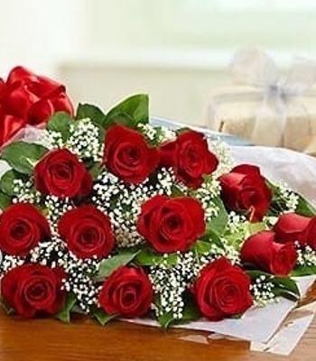 11 Ruby Red Roses with Soft Gypsophilium