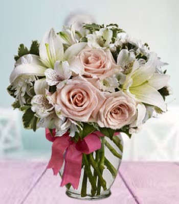 Asiatic Lily with Rose and Alstroemeria - White & Pale Pink Color Flowers