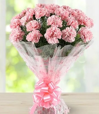 Birthday Flowers - 18 Coral Pink Carnations with Fresh Fillers