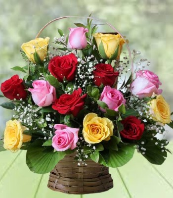 Woven Basket - Adorable Pink Red and Yellow Roses 