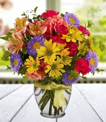 Get Well Soon Flowers - Mix Seasonal Flowers in Vase with Yellow Bow