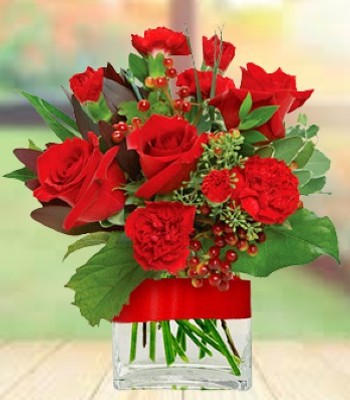 Roses and Red Carnations Arranged in Stylish Glass Cube