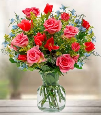 Happy Birthday Flower Arrangement - Spray Roses, Godetia and Pale Blue Delphiniums