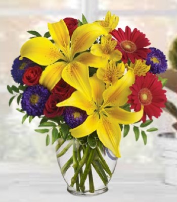 Mix Flower Arrangement - Bright Colored Flowers in Clear Glass Vase