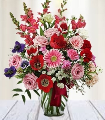 Birthday Flower Bouquet - Mix Flower in Vase Tied With Ribbon