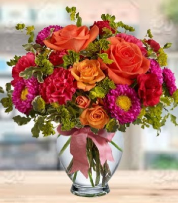 Mix Fower Arrangement - Rose, Matsumoto, Asters & Carnations With Free Vase