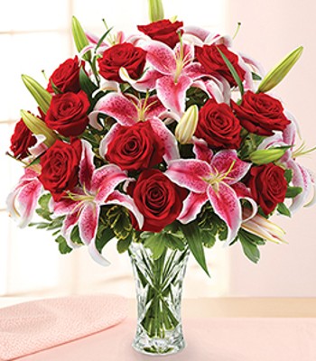 Rose and Lily Flower Bouquet - Red Roses and Pink Lilies With Free Glass Vase