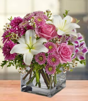 Mix Seasonal Flowers in Cube Vase