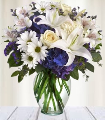 Blue Hydrangea Bouquet with Roses and Lilies - Free Vase
