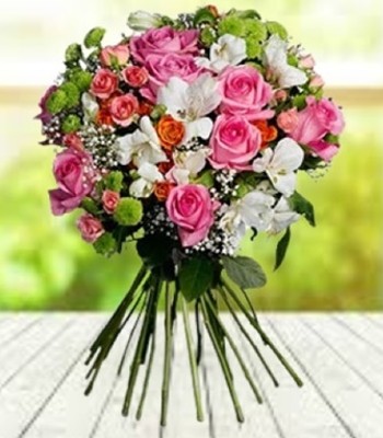 Mix Flower Bouquet - Spray Roses with Alstromeria & Green Button Mums