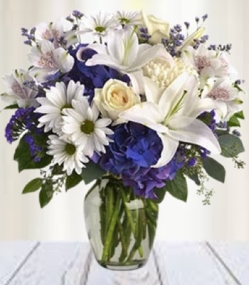 Blue Hydrangea Bouquet with Roses and Lilies - Free Vase