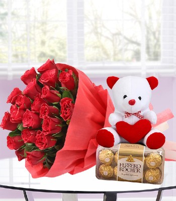 Red Rose Bouquet With Teddy Bear and Chocolates - 12 Medium Stem Red Roses
