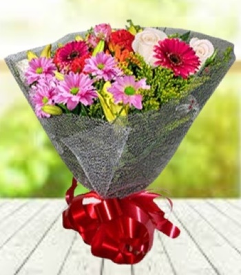 Mixed Flowers Bouquet with Ribbon