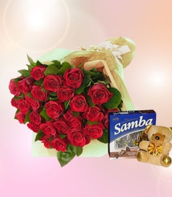 Red Rose Flower Bouquet - Free Chocolate, Bear & Balloon Love Gift Combo