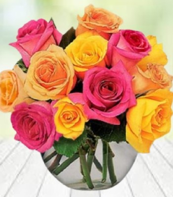 Rose Bouquet - Pink and Yellow Roses with Free Vase