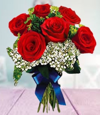 Flowers For Her - 6 Red Rose Bouquet With Ghysophilia & Lemonium