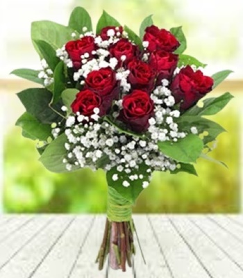 Red Rose Flower Bouquet with Baby's Breath and Greens