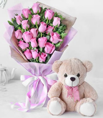 Pink Rose Bouquet with Teddy Bear - 24 Pink Roses