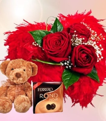 Valentines Love Combo - Red Roses Cute Teddy Bear and Chocolate Box