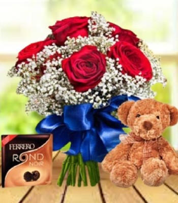 Red Rose Flower Bouquet with Teddy Bear and Chocolate
