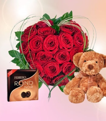 19 Red Roses Heart Shaped Bouquet and Teddy