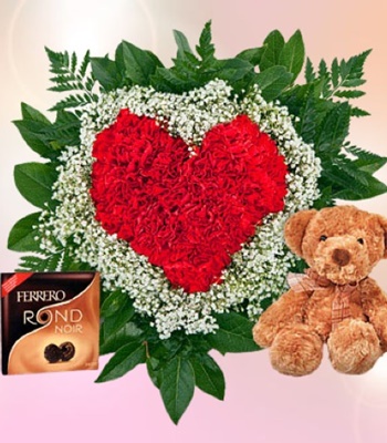 Heart-Shaped Bouquet of Red Carnations Teddy Bear and Chocolates