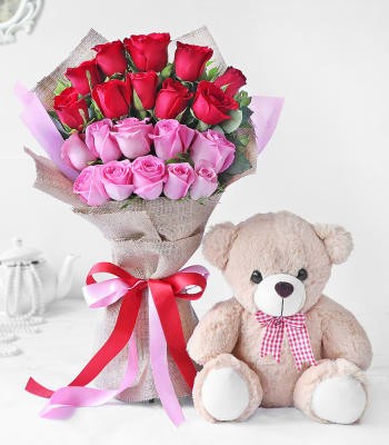 Rose with Teddy Bear - Red and Lilac Roses