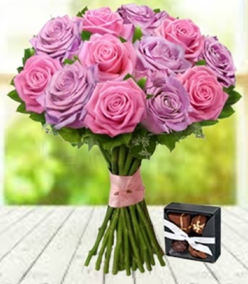 Mix Color Rose Arrangement With Chocolate Box - 12 Stems