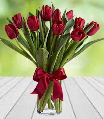 10 Red Tulip Arrangement Hand-Tied With Ribbon
