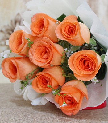 Orange Rose Bouquet With Green Fillers - 12 Orange Roses