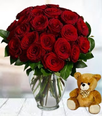 24 Premium Long Stem Black Magic Red Roses With Teddy Bear