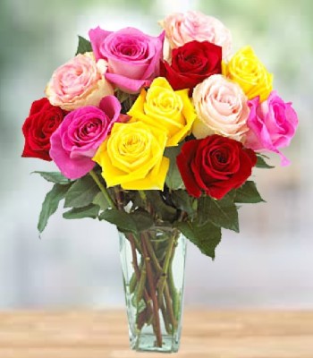 Mix Color Rose Arrangement - Dozen Assorted Roses in Vase