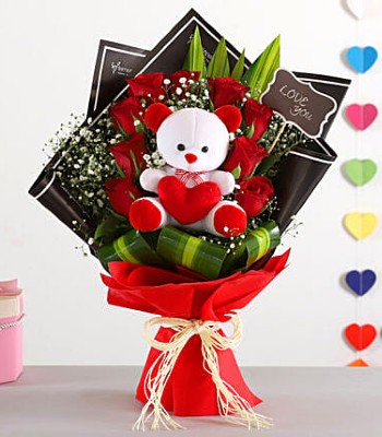 Rose Flower Bouquet - 12 Roses with Baby's Breath & For You Teddy Bear