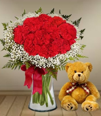 My Sweetheart - Red Carnations In Tall Glass Vase and Teddy