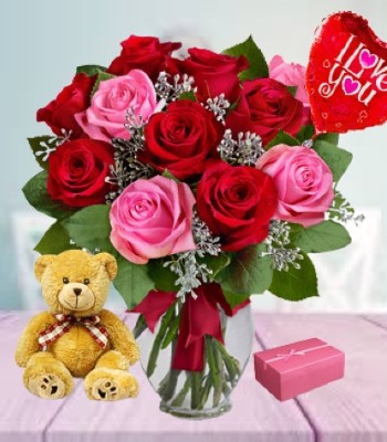 Rose Flower Bouquet - Dozen Roses with Teddy Bear, Ferrero Rocher & Balloon