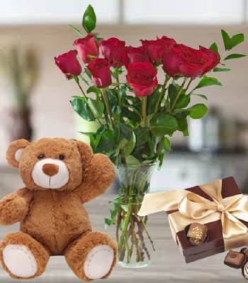 50 Red Rose Bouquet with Teddy and Chocolates