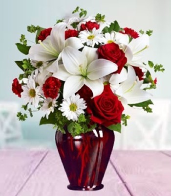 Valentines Day Love - Red Roses with White Lilies