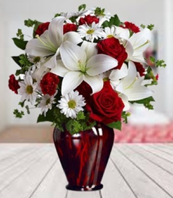 Anniversary Flowers - Rose and Lily Bouquet Free Red Vase